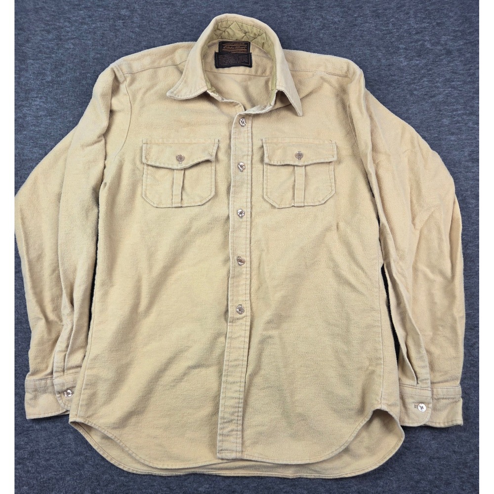 Eddie Bauer Shirt Mens XL Tan Chamois Cloth Button Down Long Sleeve Utility vtg